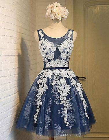 lace appliques homecoming dress, short homecoming dress, navy blue prom dress, homecoming dress, charming homecoming dress, BD39750
