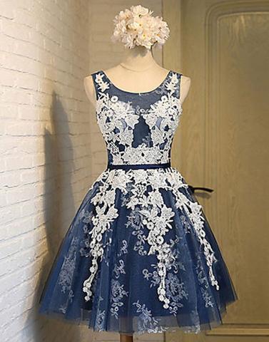 Lace Appliques Homecoming Dress Short Navy Blue Prom Dress - JLDressCA Lace Appliques Homecoming Dress Short Navy Blue Prom Dress - JLDressCA