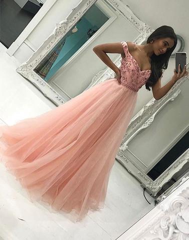 off shoulder long pink tulle A-line formal prom dress, PD1302