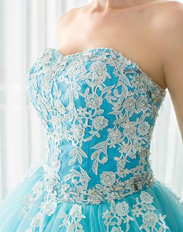 A-line strapless tulle lace appliques long prom dresses, PD5871