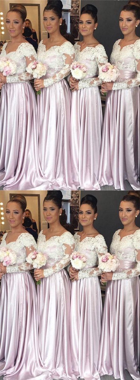 modest lace long sleeves lilac long Bridesmaid dress, BD457