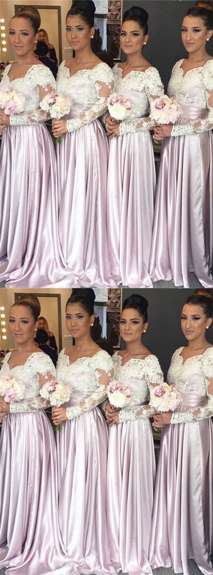 modest lace long sleeves lilac long Bridesmaid dress, BD457