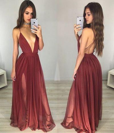 burgundy prom dress, v-neck prom dress, long evening dress, open back prom dress, BD541