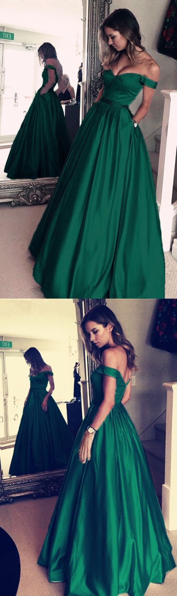 off shoulder A-line green satin simple long prom dress, PD5687