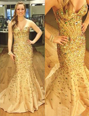 gold prom dress, long prom dress, mermaid prom dress, sweetheart prom dress, beaded evening dress, BD0008