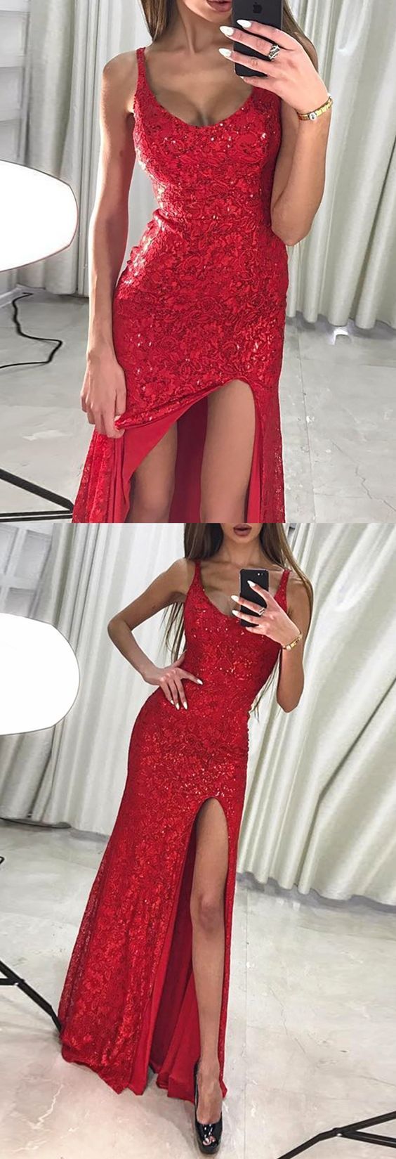 red sparkle side slit long sparkle formal prom dress, BD6901