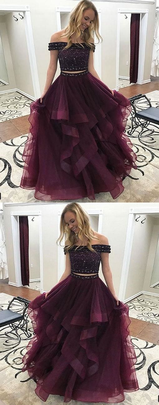 off shoulder beaded top two pieces burgundy long prom dress, PD8873