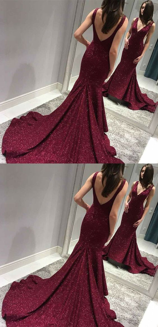 formal charming burgundy sparkle v-neck long mermaid prom dress, PD5898