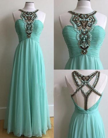 blue chiffon beaded long prom dress, PD45699