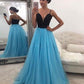 spaghetti straps tulle black top and blue skirt long prom dress, PD45697