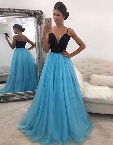 spaghetti straps tulle black top and blue skirt long prom dress, PD45697