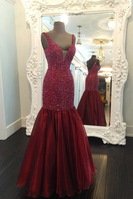 two straps beaded mermaid burgundy long prom dress, PD5488