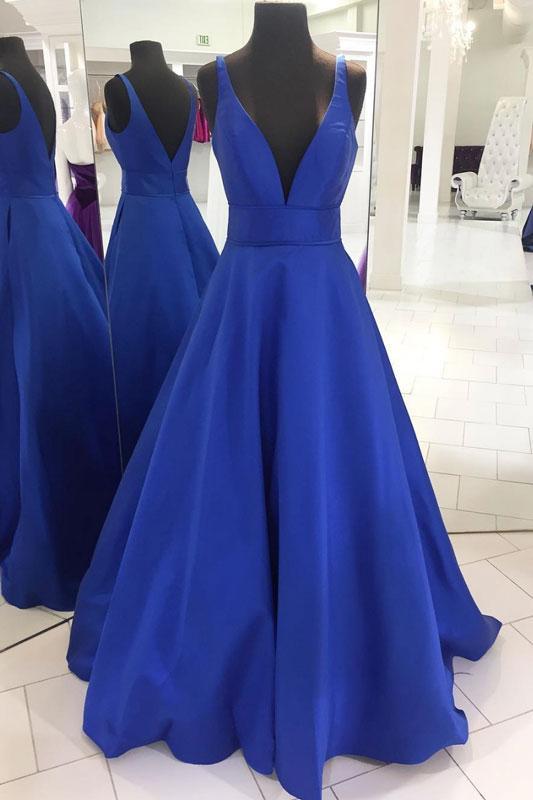 formal royal blue v-neck satin long prom dress, PD4490