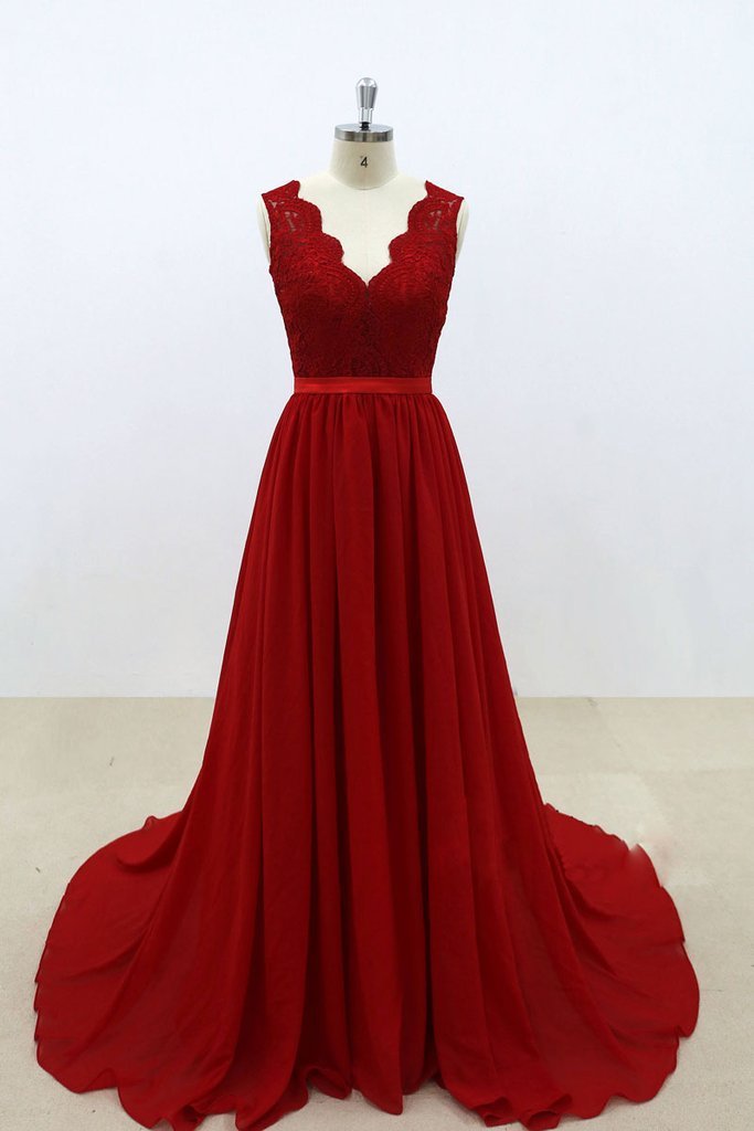 v-neck red backless chiffon long bridesmaid prom dress, PD2140
