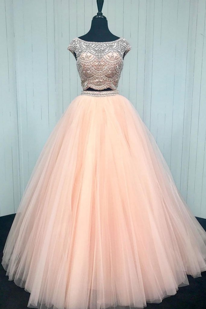 light pink A-line two pieces beaded long prom dress, PD4489