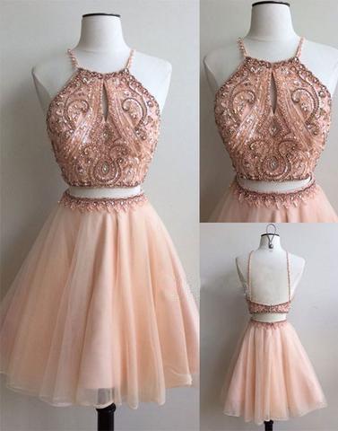 pink two pieces short beaded short homecoming dress, prom dress for girl, BD2351