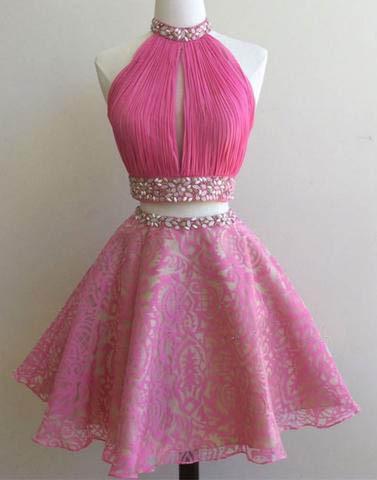 hot pink short two pieces A-line halter homecoming dress, short prom dress for girls, BD13674