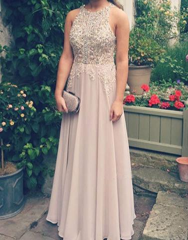 formal dusty pink lace appliques beaded chiffon long prom dress, PD00179