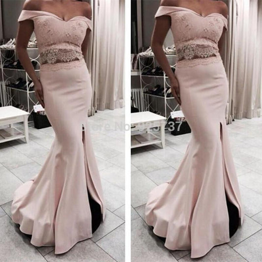 formal off shoulder mermaid side slit long prom dress, PD550