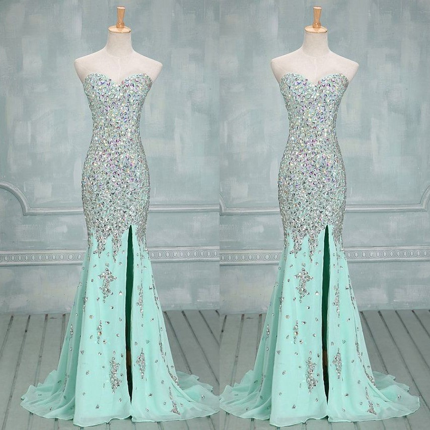mint prom dress,long prom dress,beaded prom dress,mermaid prom dress,prom dress with slits, BD535