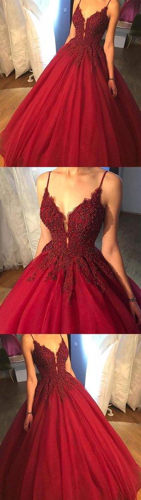 spaghetti straps A-line burgundy long prom dress, PD8874