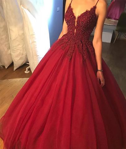 spaghetti straps A-line burgundy long prom dress, PD8874