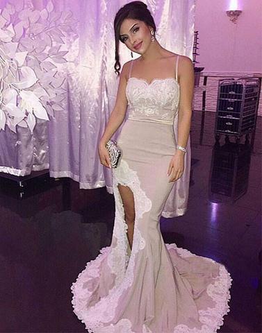 sexy dusty pink spaghetti straps mermaid side slit long prom dress, PD8528