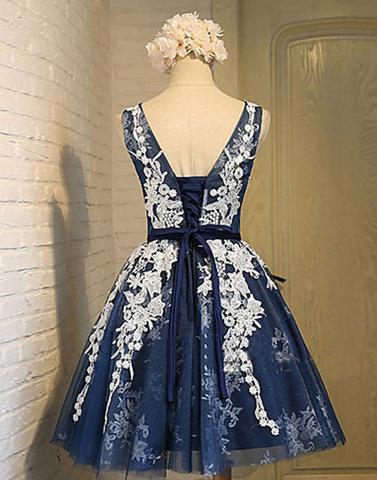 lace appliques homecoming dress, short homecoming dress, navy blue prom dress, homecoming dress, charming homecoming dress, BD39750