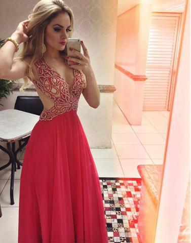 red open back v-neck long sexy prom dress, evening gown, PD45677
