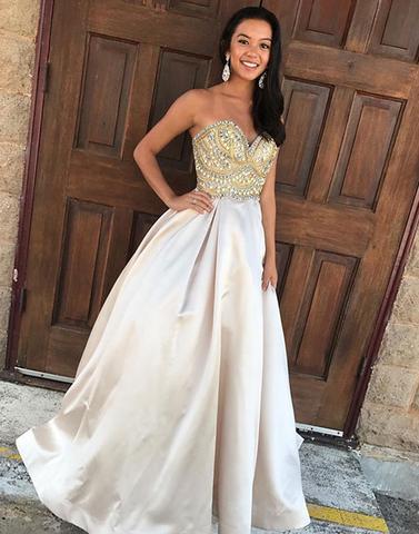 formal A-line satin sweetheart beaded long prom dresses, PD87416