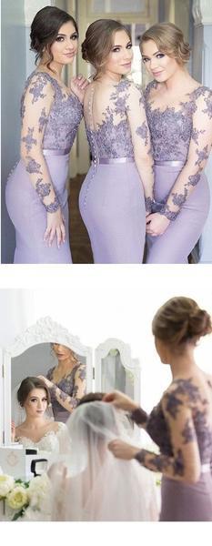 Long Sleeves Mermaid Scoop Lilac Custom Bridesmaid Dresses,Wedding Party Dresses,PD2001