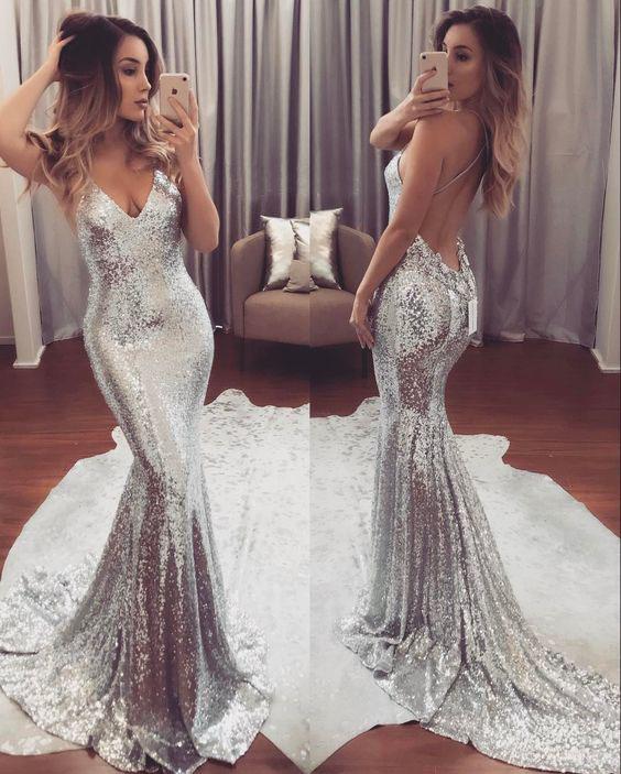 sliver sequin mermaid formal sparkle long prom dress, PD7545