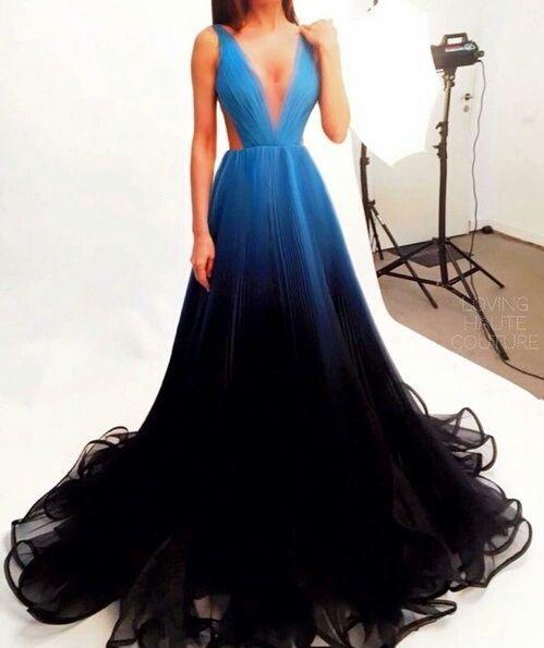 sexy gradient blue v-neck long prom dress, PD7531