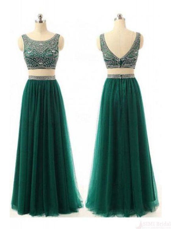 charming two pieces beaded green tulle long prom dress, PD445