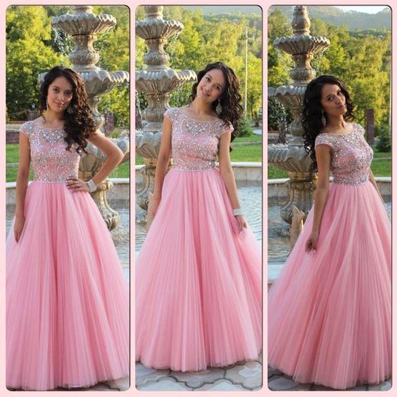 A-line pink beaded tulle cap sleeves princess long prom dresses, PD28998