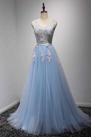 light blue tulle v-neck long prom dress lace appliques dresses, BD1628