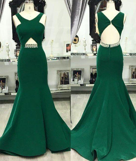 green long satin open back mermaid long prom dress, PD444