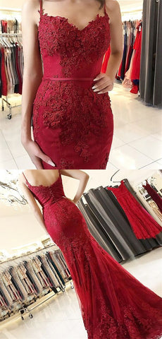 spaghetti straps burgundy lace mermaid elegant long prom dress, PD4156