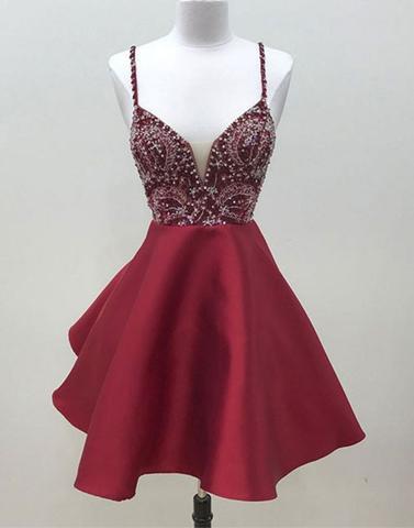 spaghetti straps A-line burgundy beaded short homecoming dress, HD856
