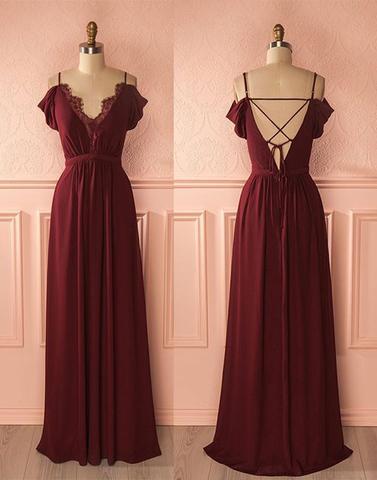 off shoulder chiffon burgundy long prom dress, PD9977
