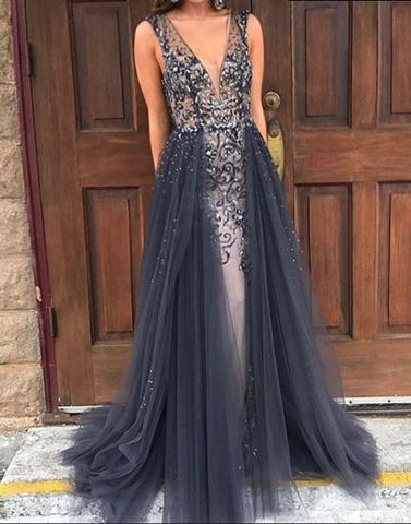 dark gray long v-neck  prom dress, unique prom gown, PD1309