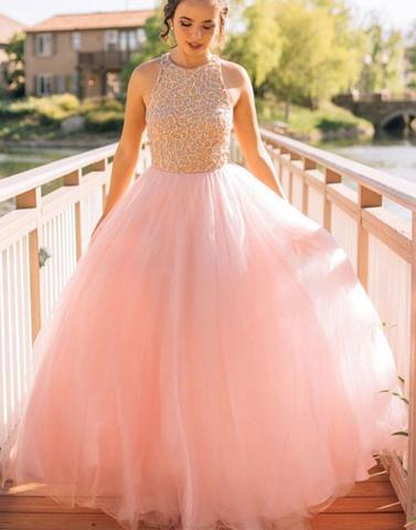 round neck A-line pink tulle top fluffy long formal prom dress, PD3326