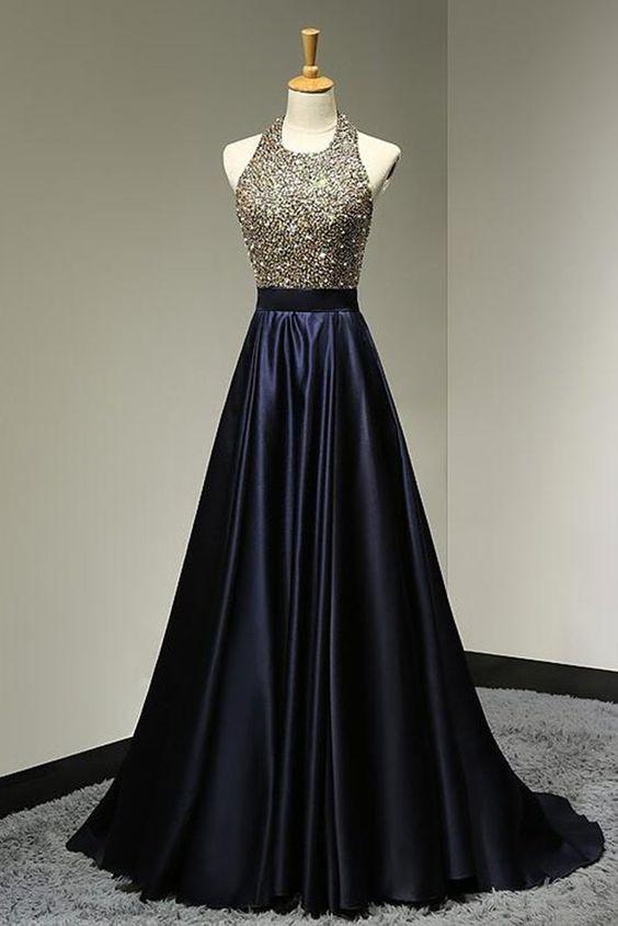 dark navy prom dress, long prom dress, A-line prom dress, beaded evening dress, halter prom dress, BD375