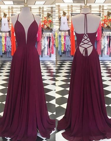 burgundy chiffon halter lace up open back long prom dresses, PD4490