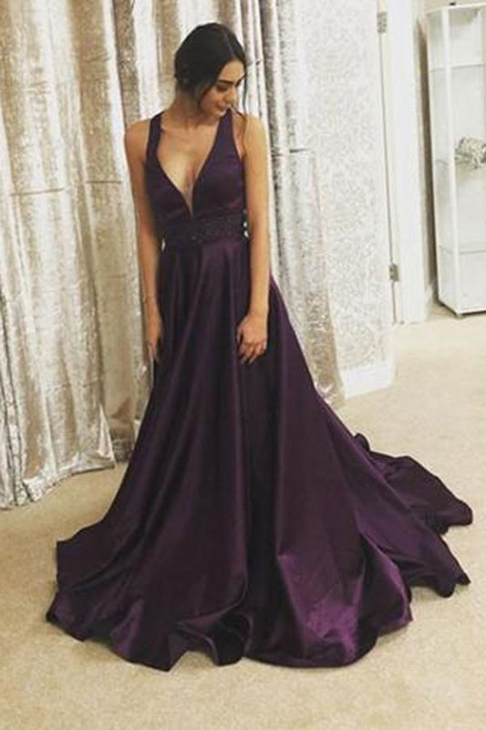 v-neck dark purple satin long prom dress, BD7677