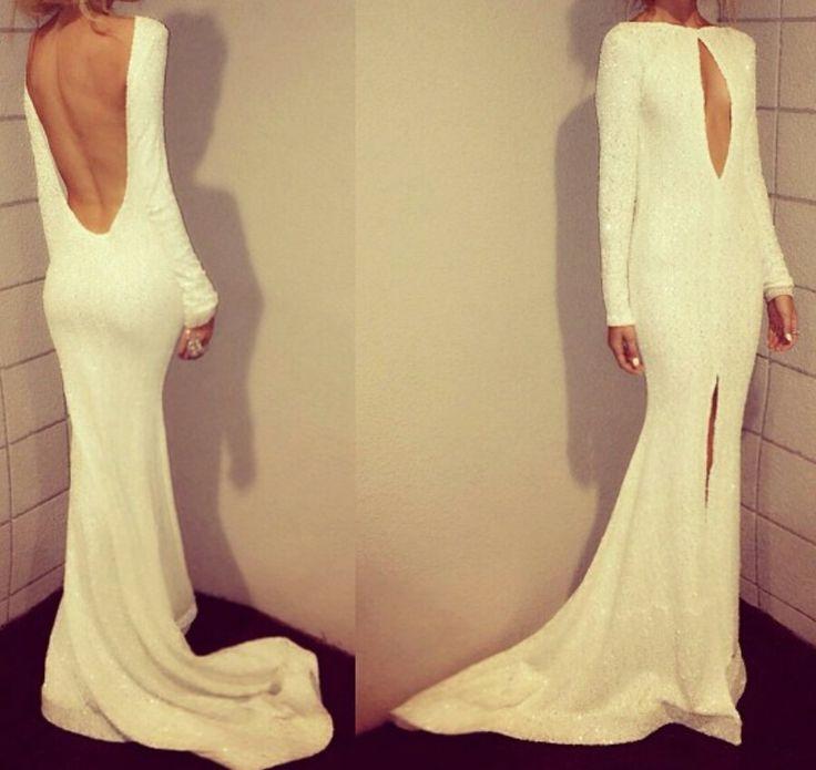 white long sleeves slit low back sparkle long prom dress, PD56599