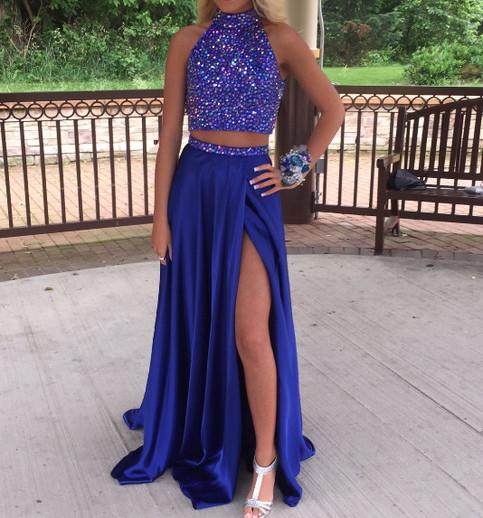 two pieces prom dress, long prom dress, royal blue prom dress, side slit prom dress, formal evening gown, BD40
