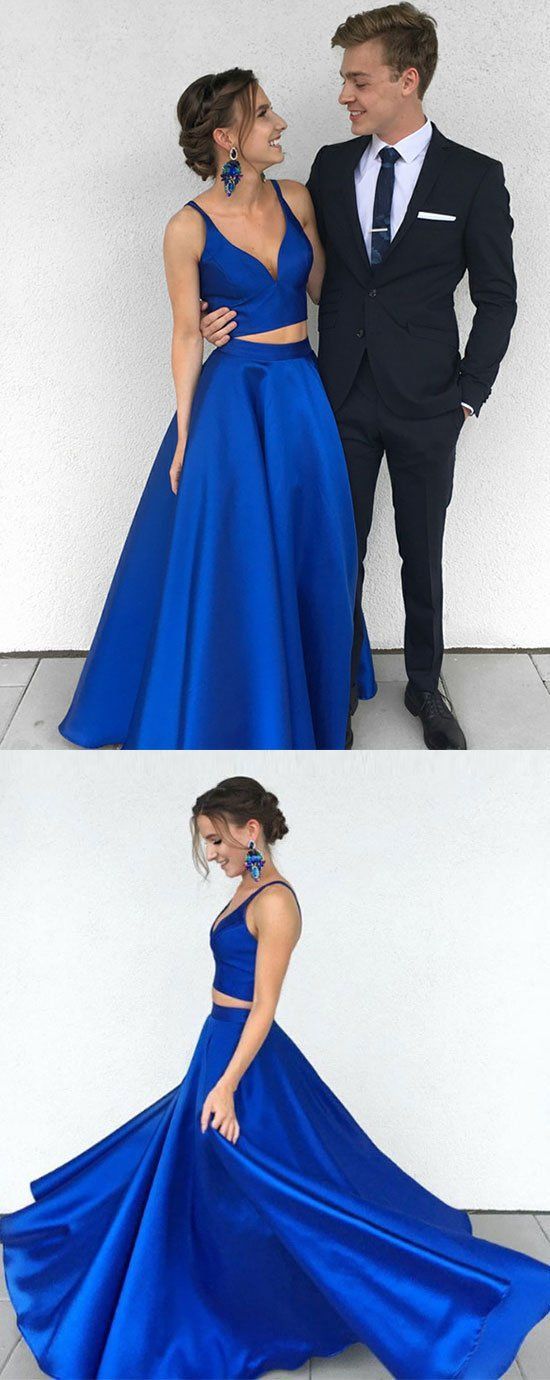 royal blue two pieces v-neck long prom dress, PD5668