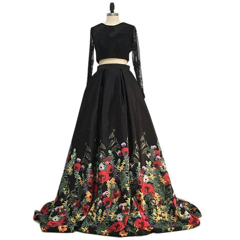 black two pieces long sleeves open back embroidery long prom dresses, PD12145
