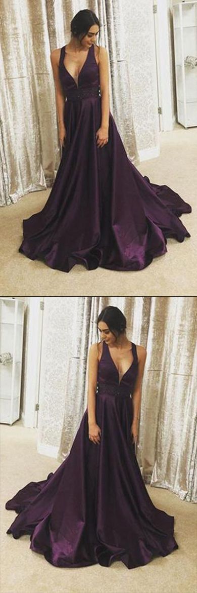 v-neck dark purple satin long prom dress, BD7677